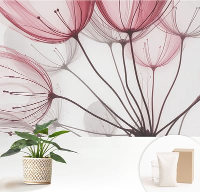 Wallfluent Behang - Bloemensilhouetten Vliesbehang - 152x104 cm - Roze Behang - Voor liefhebbers van rust en natuur - Behang Voor de slaapkamer, woonkamer en kantoor - Behangrol Bloemen en planten