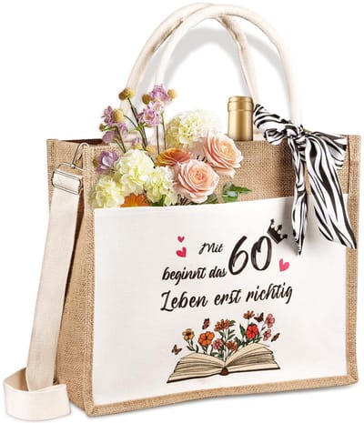 Dailygoods- Boodschappentas Jute - Bedrukt met "Mit 60 begint het leven" - Opvouwbaar - Voorvak 22 cm - Elegant ontwerp - Ruimtebesparend - Jute Tas
