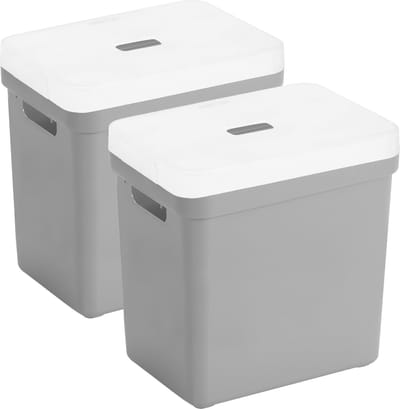 Sunware opbergboxen met deksel - 2x - Sigma Home - kunststof - 25 liter - lichtgrijs - opberg bakken / manden - 35 x 25 x 36 cm