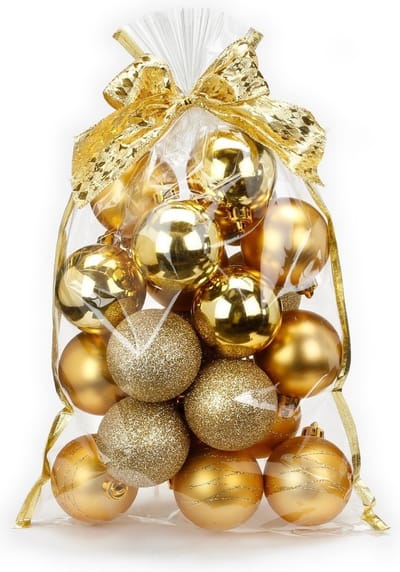 20x stuks kunststof/plastic kerstballen goud mix 6 cm in giftbag - Kerstboomversiering/kerstversiering