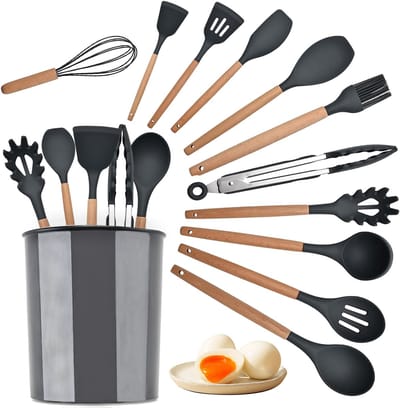 Wishdor 12-Delige Keukengerei Set - Siliconen met Houten Handvat - Hittebestendig & BPA-vrij - Inclusief Houder - Donkergrijs