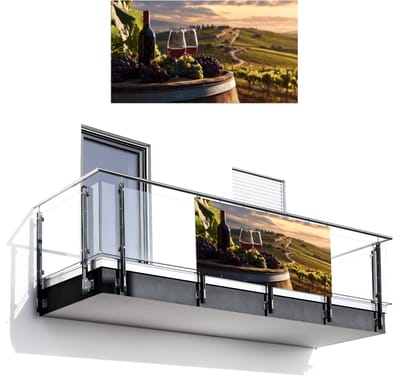 Balkonscherm 200x110 cm - Balkonposter Wijn - Druiven - Heuvels - Landschap - Balkon scherm decoratie - Balkonschermen - Balkondoek zonnescherm