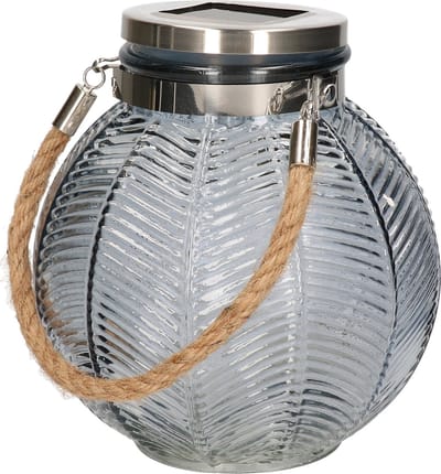 Grijze solar lantaarn van gestreept glas rond 16 cm - Tuinlantaarns - Solarverlichting - Tuinverlichting