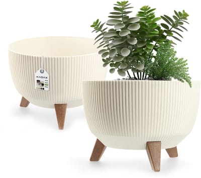 Kadax Bloempot, van kunststof, met drie insteeksteunen, rond, bloemenschaal, plantenbak, bloembak, voor balkon, woonkamer, 33 cm diameter, crème