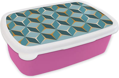 Broodtrommel Roze - Lunchbox - Brooddoos - Goud - Blauw - Patroon - 18x12x6 cm - Kinderen - Meisje