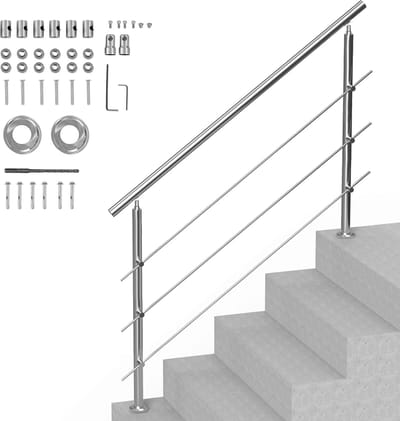 59-Inch Buitentrapleuning, Trapleuningset met 3 Dwarsbalken, Ontwerp met Dubbele Palen voor Senioren, Overgangsleuning van Roestvrij Staal met Montageset, Ideaal voor Veranda's en Patio's