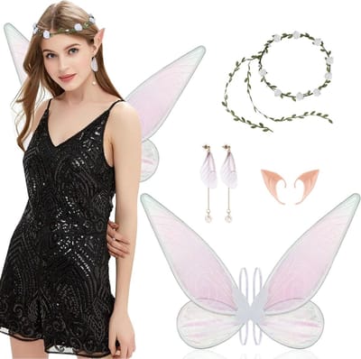 Betoverende Vlinderschoenen voor Volwassenen met Glanzende Doorzichtige Vleugels, Bloemenhoofdband, Elf Oren en Oorbellen voor Halloween en Cosplay Feestkleding