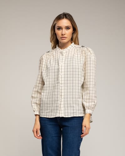 Geruite blouse met opstaande kraag en borduursel op de schouder en rug