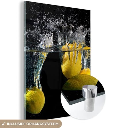 MuchoWow® Glasschilderij 120x160 cm - Schilderij acrylglas - Citroen - Fruit - Stilleven - Water - Geel - Foto op glas - Schilderijen
