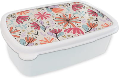 Broodtrommel Wit - Lunchbox - Brooddoos - Bloemen - Regenboog - Design - 18x12x6 cm - Volwassenen