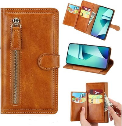 Premium vintage portemonnee hoesje met ritssluiting flip-cover hoes met kaarthoudersleuven Geschikt voor: Samsung Galaxy A34 5G - licht bruin