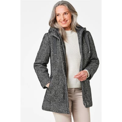 Korte mantel in visgraatmotief met capuchon - zwart / wit - Gr. 38 van Goldner Fashion