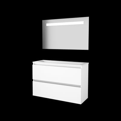 Basic-Line Economic 39 Badkamermeubelset - Ondiep - 100 x 39 cm - Greeploos - 2 Lades - Acryl Wastafel - 2 Kraangaten - Spiegel met LED Verlichting - Ice White