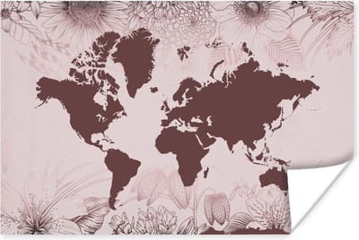 Poster 30x20 cm - Wereldkaart - Bloemen - Paars - Posters - Kamer decoratie - Wanddecoratie woonkamer - Muurdecoratie slaapkamer