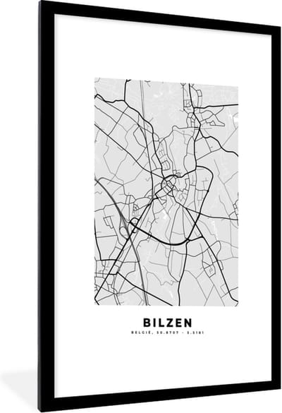 Fotolijst incl. Poster Zwart Wit- Zwart Wit – België – Plattegrond – Stadskaart – Kaart – Bilzen - 60x90 cm - Posterlijst