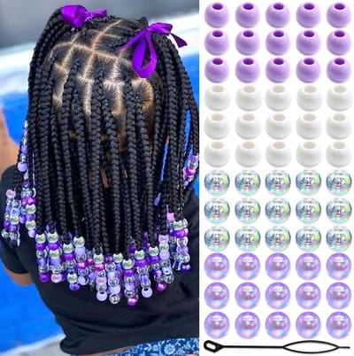 60 stuks haarparels voor kinderen, meisjes vlechten, rond paars wit transparant acryl, 4 stijlen met inrijghulp
