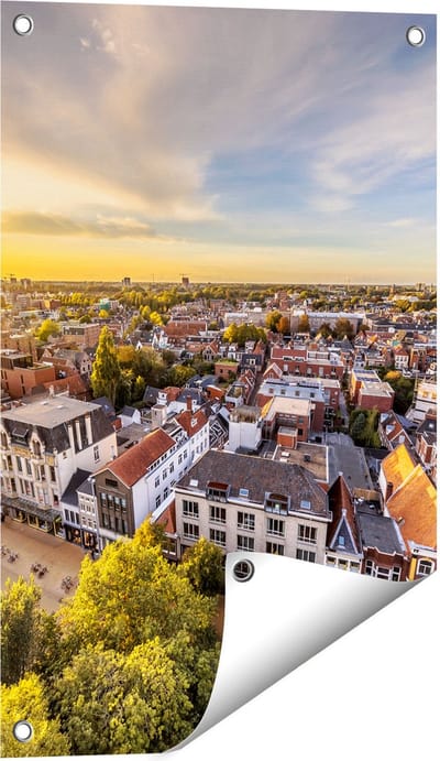 Gards Tuinposter Groningen Skyline Stad bij Zonsondergang - 40x60 cm - Tuindoek - Tuindecoratie - Wanddecoratie buiten - Tuinschilderij