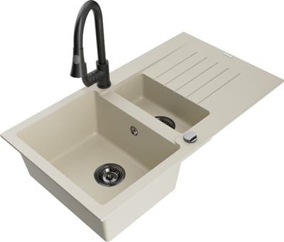 Mexen Matias granieten 1,5-komorige spoelbak met afdruiprek en keukenmengkraan Elia, beige - 6502-69-670101-70