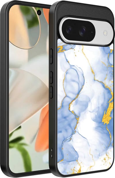 Geschikt voor Google Pixel 9 Telefoonhoesje met Lichtblauw Goud Marmer Opdruk - TPU Backcover Case Lightblue Gold Marble Design - Smartphonica geschikt voor Google Pixel 9
