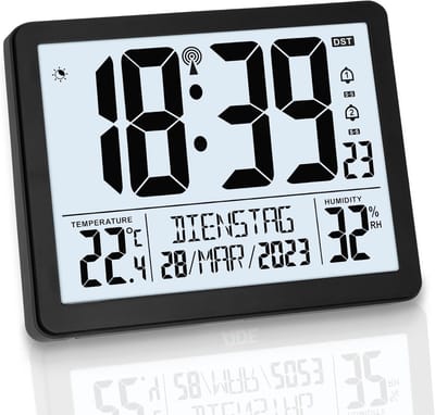 Digitale XL radiogestuurde klok met extra groot display | Tafel- en wandklok met dubbele wekker, thermometer en hygrometer | Mat zwart design