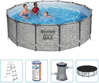 Bestway Steel Pro MAX Zwembad - 427x122 cm - Steenprint - Rond - Met filterpomp + accessoires - Zwembad - Filterpomp - Zwembadtrap - Afdekzeil - Zwembad Opzet