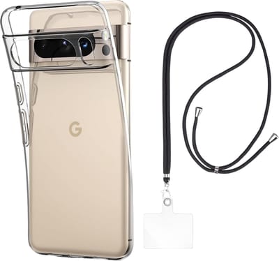 Set met hoesje en nekband voor google pixel 8 pro - Flexibele, transparante TPU-bescherming, verstelbare universele nekband voor mobiele telefoons, zwarte nekband, transparante draagriem van Phonillico®