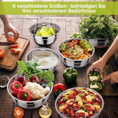 Mixkommen set van roestvrij staal, 6 stapelbare kommen met deksel en siliconen basis, vaatwasserbestendig en ideaal voor salades, koken en bewaren