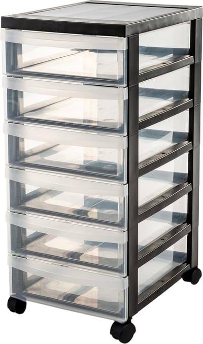 IRIS Design Chest ladekast - 6 ondiepe lades - 6 x 7.5L - Kunststof - Zwart/Transparant - Met Wielen
