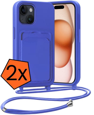 Hoesje Geschikt voor iPhone 15 Plus Hoesje Met Telefoonketting Pasjeshouder Case Koord - Hoesje Geschikt voor iPhone 15 Plus Hoes Met Kaarthouder - Felblauw - 2 PACK