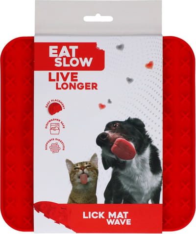 Eat Slow Live Longer Likmat - 20 x 20 cm - Snuffelmat - Anti-schrok Mat - Slowfeeder Honden en Katten - met Golf - Twee patronen - 100% Siliconen - Vaatwasserbestendig - Voerpuzzel Kat - Rood