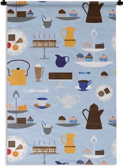 Wandkleed - Wanddoek - Patronen - Cupcake - Theepot - Thee - 60x90 cm - Wandtapijt