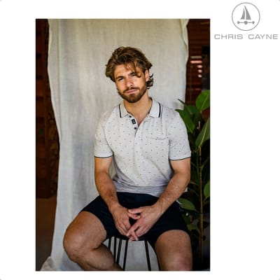 Chris Cayne heren poloshirt - M - zand - two tone - gemeleerd - kleine print - borstzak - luxe polo - 100 % Katoen - jacquard kraag