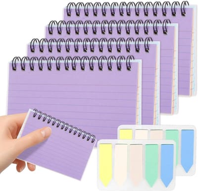 Set van 5 Indexkaarten, 250 Bladen Scheurvaste Lined Leerkaarten, 8 cm x 12,5 cm, Spiral Notitieboek met Transparante Kaft voor Schoolbenodigdheden en Kantooraccessoires