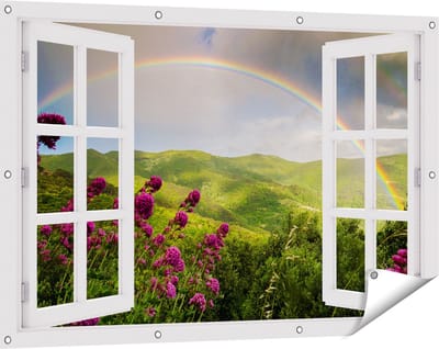 Gards Tuinposter Doorkijk Regenboog in de Heuvel Bossen - 120x80 cm - Tuindoek - Tuindecoratie - Wanddecoratie buiten - Tuinschilderij
