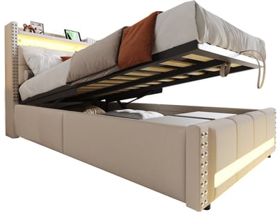 Gestoffeerd kinderbed van 90x200 cm met ledverlichting en USB-poort, hoofdeinde met plank en opbergruimte, hydraulisch hefmechanisme, eenpersoonsbed, beige linnen stof.
