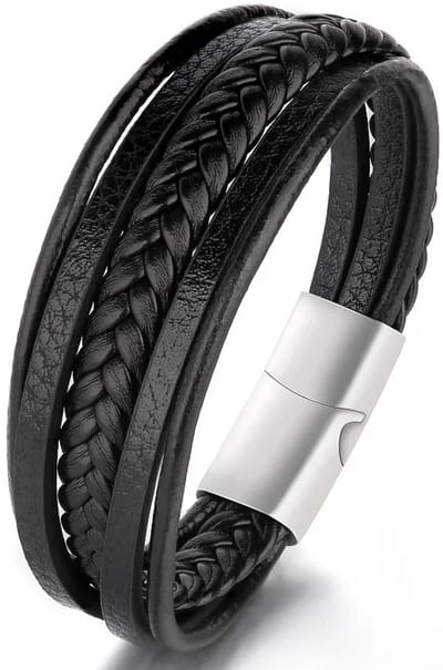 Armband Heren - Zwart Leer met Stalen Sluiting - Leren Armbanden - Papa Cadeau Voor Mannen - Vaderdag