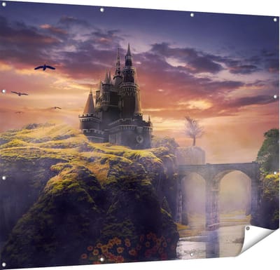 Gards Tuinposter Oud Kasteel op een Heuvel - 150x120 cm - Tuindoek - Tuindecoratie - Wanddecoratie buiten - Tuinschilderij