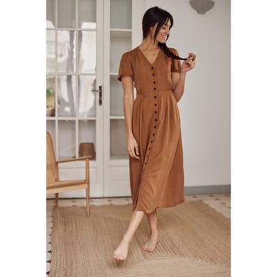 TWOTHIRDS Tahay Dress Caramel Maat: L | Midi Jurken Outlet | Dames | Bruin