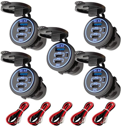 ProRide 12V USB-C Wandcontactdoos Inbouw - USB-A en USB-C - 3 Poorten - QC3.0 - Blauw - Kabel en Zekering - 5 stuks