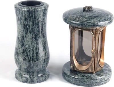 Graflamp en Grafvaas - Grafdecoratie set - Herdenken dierbaren - Handgemaakt echt graniet - Medium formaat - Olijfgroen