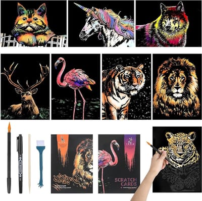 Creatieve Kratzels voor Volwassenen en Kinderen, 8 Vellen A4 Kratzpapier met 4 Gereedschappen, Dierenserie, DIY Knutselprojecten, Perfect voor Ontspanning en Creativiteit