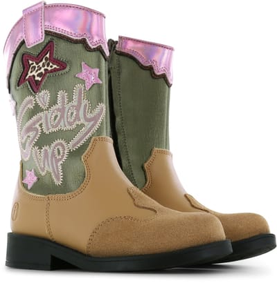 Shoesme Cognac Cowboylaars - Laarzen Kinderen - Meisjes - Cognac Green Pink - Microfiber leer - Maat 33