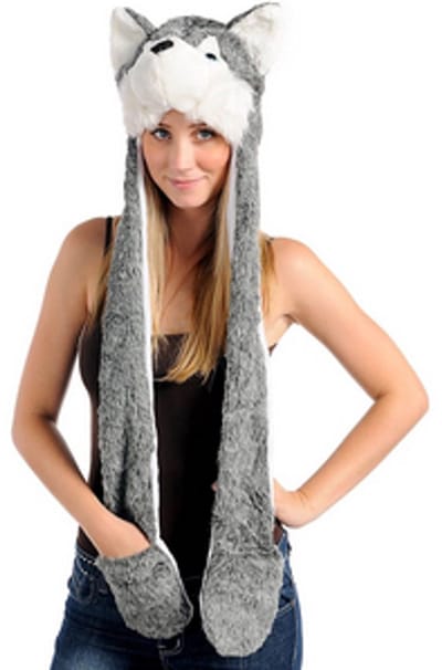 KIMU® Muts Wanten Grijze Husky - Sjaalmuts met Oortjes Wolf Hond - Bontmuts Kinderen of Volwassenen met Klein Hoofd - Wolvenmuts Pluche Kindermuts Festival