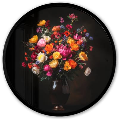 Poster in lijst Rond - Fotolijst 40x40 cm - Posters - Kleurrijk - Boeket - Vaas - Donkerbruin - Ronde posterlijst zwart - Decoratie - Wanddecoratie woonkamer - Muurdecoratie slaapkamer