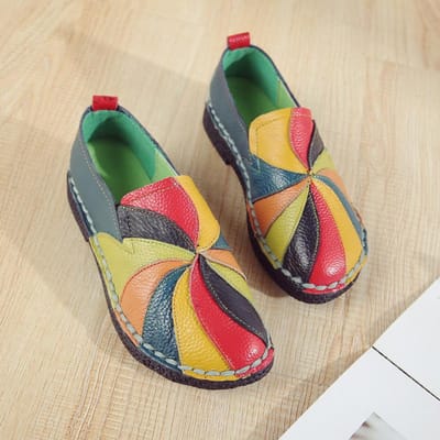 Lente Nieuwe Platte Damesschoenen Etnische Stijl Kleurblokkering Echt Leer Dames Enkels Casual Grote Maat Moederschoenen Populaire Schoenen 37 gray
