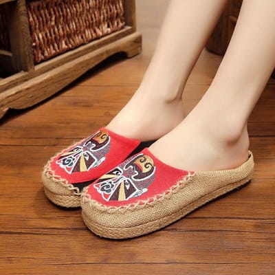 Totem brodé à la main à bout rond, chaussures d'extérieur peu profondes décontractées en lin et coton, pantoufles pour femmes 35 rouge