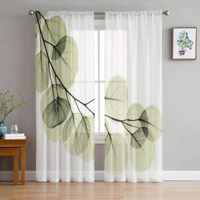 Groene Bladeren Takken Eenvoudige Transparante Gordijnen voor Slaapkamer Woonkamer Voile Raamgordijnen Tule Gordijnen voor Kinderkamer 135W x 114H(cm)x2