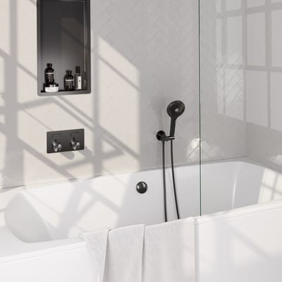 Brauer Gunmetal Carving thermostatische inbouw badkraan met drukknoppen SET 04 met badvulcombinatie en 3-standen handdouche en doucheslang en wandaansluitbocht gunmetal geborsteld PVD