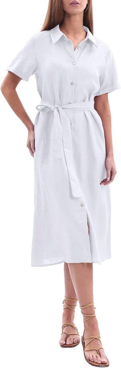 Linnen Blousejurk Dames - Midi Jurk voor Zomer met Zakken en Heupriem