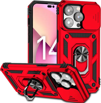 Cityhoesje - Ring - Anti Shock - Camera Bescherming - iPhone 14 Pro - Backcover - Rood